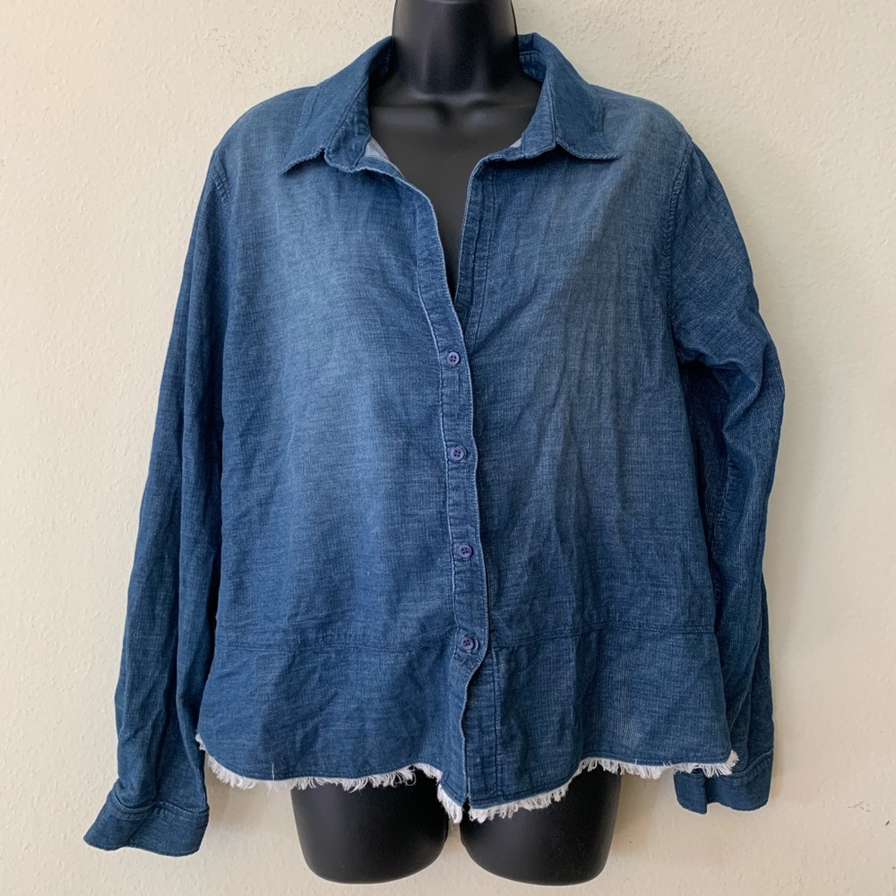Bella Dahl Corduroy Denim Frayed Hem Button Up Shirt